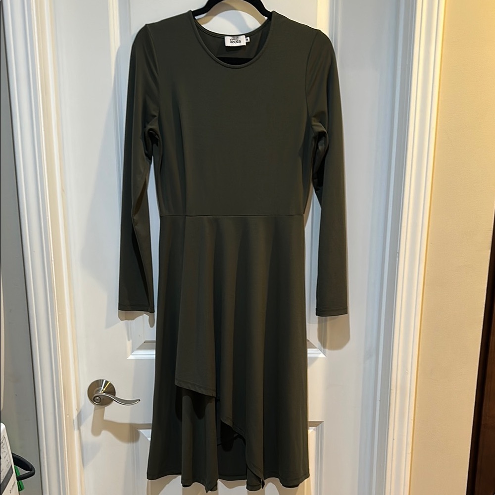 Leota Green Asymmetrical Ribbed Long Sleeve Dress